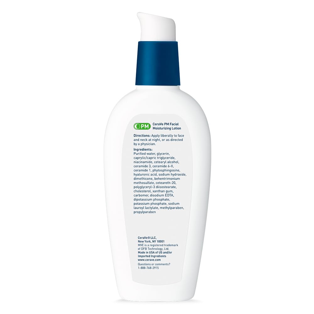 CeraVe PM Night Moisturizing Lotion for Face - Oil-Free, Lightweight Formula with Hyaluronic Acid & Niacinamide, 3 Oz
