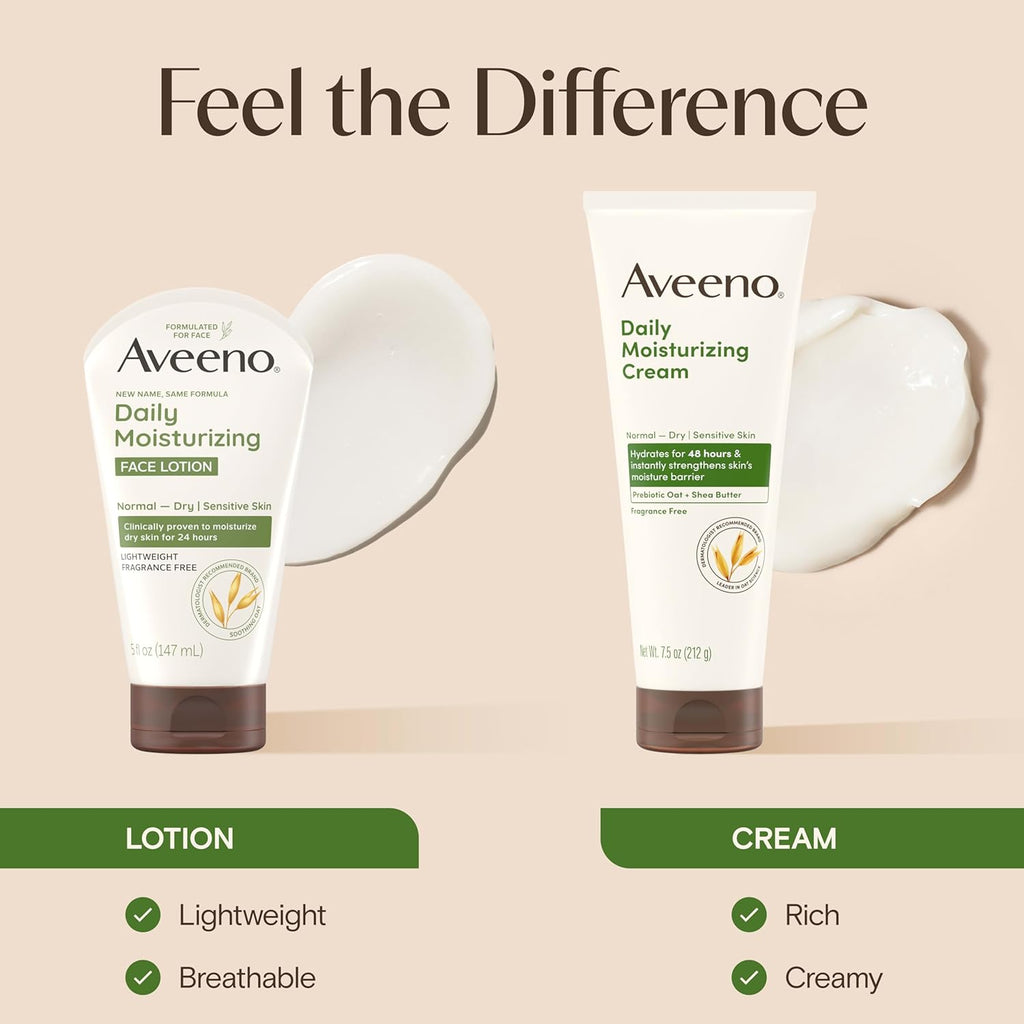 Aveeno Daily Moisturizing Face Lotion with Soothing Prebiotic Oat - For Dry & Sensitive Skin, Lightweight Fragrance-Free Cream, 5 Oz