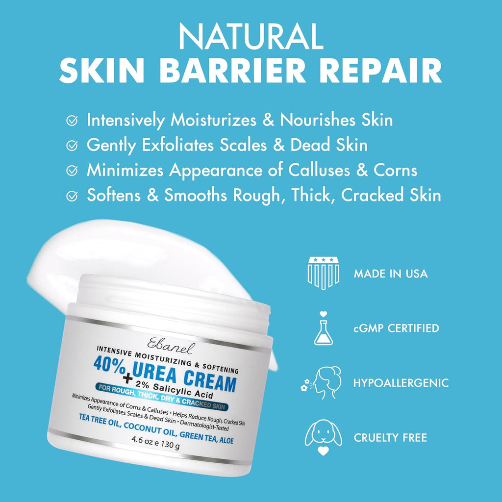 Ebanel 40% Urea Foot Cream with Salicylic Acid - For Dry Cracked Heels & Rough Skin, 4.6 oz Jar