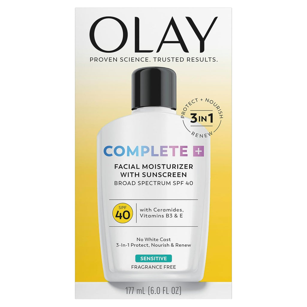 Olay Complete+ Fragrance-Free SPF 40 Face Moisturizer - No White Cast for Sensitive Skin, 6 Oz
