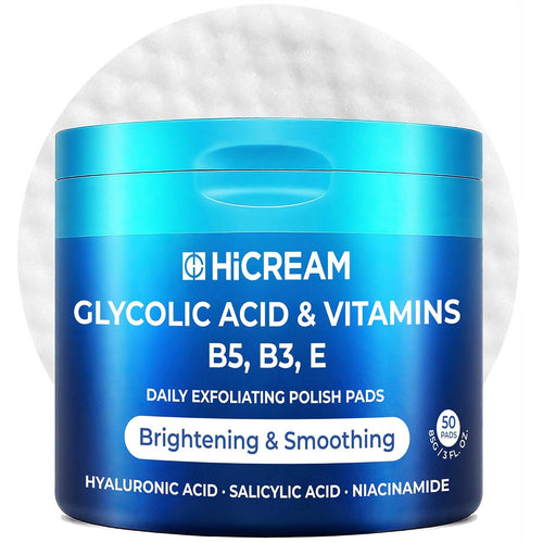 Hicream Glycolic Acid Pads - Dual-Textured Exfoliating Toner for Pore Care & Radiance (50 Count)