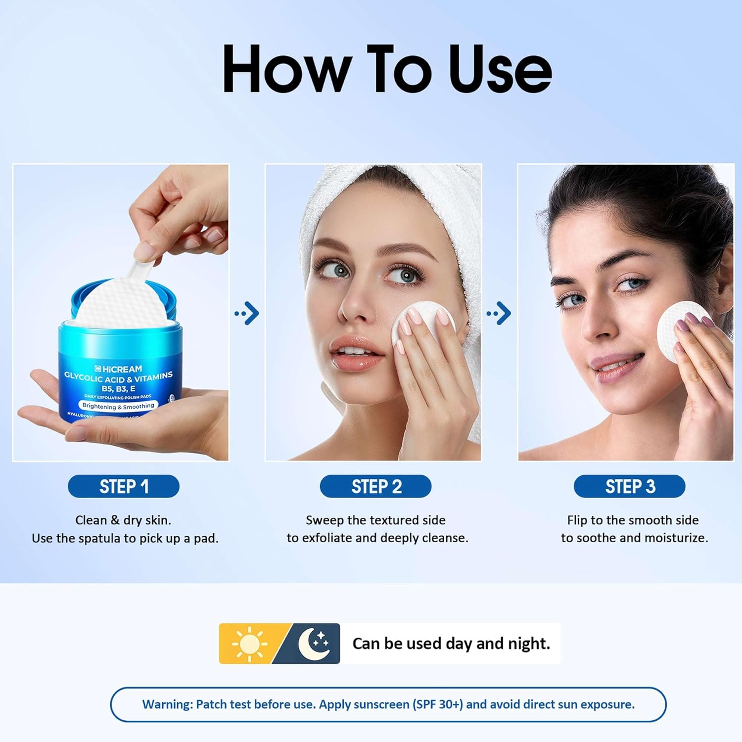 Hicream Glycolic Acid Pads - Dual-Textured Exfoliating Toner for Pore Care & Radiance (50 Count)