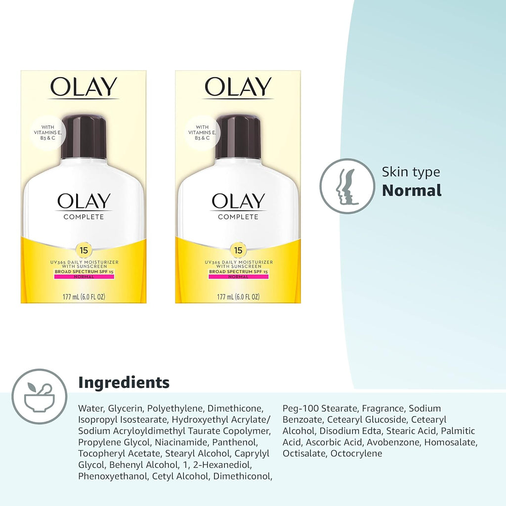 Olay Complete Face Moisturizer with SPF 15 Sunscreen - Lightweight Hydrating Lotion for Normal Skin (2 Pack)