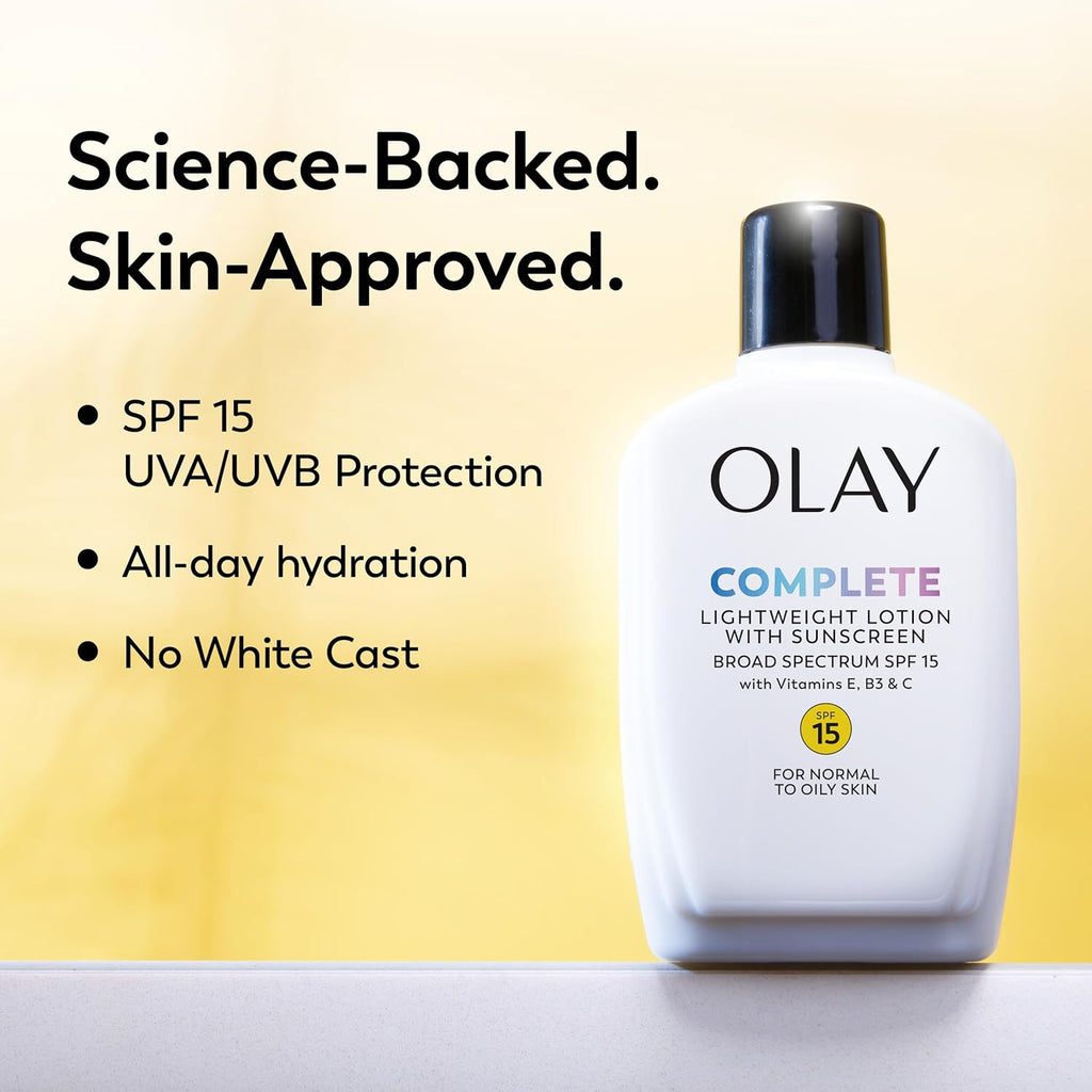Olay Complete Face Moisturizer with SPF 15 Sunscreen - Lightweight Hydrating Lotion for Normal Skin (2 Pack)