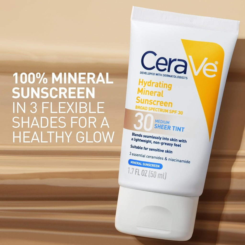 CeraVe Hydrating Mineral Sunscreen SPF 30 with Sheer Tint - For All Skin Types, 1.7 fl oz