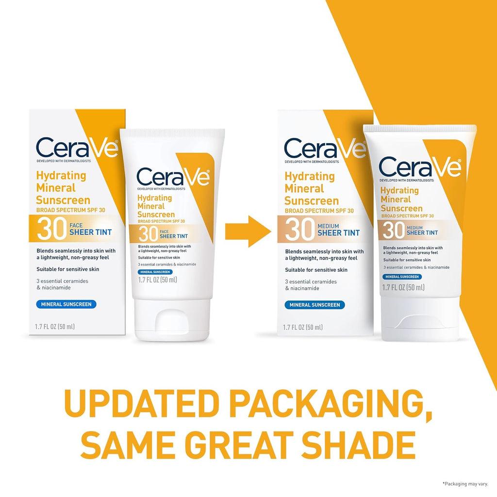 CeraVe Hydrating Mineral Sunscreen SPF 30 with Sheer Tint - For All Skin Types, 1.7 fl oz