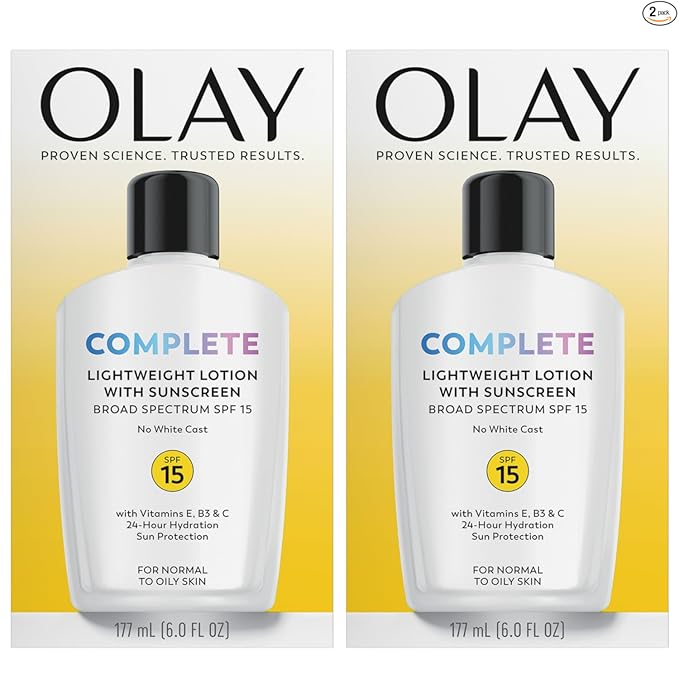 Olay Complete Face Moisturizer with SPF 15 Sunscreen - Lightweight Hydrating Lotion for Normal Skin (2 Pack)