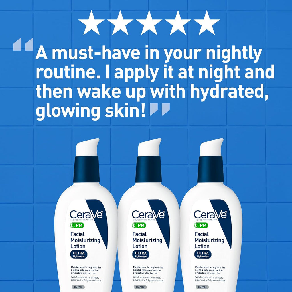 CeraVe PM Night Moisturizing Lotion for Face - Oil-Free, Lightweight Formula with Hyaluronic Acid & Niacinamide, 3 Oz
