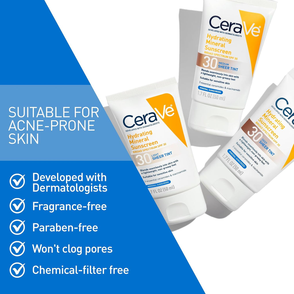 CeraVe Hydrating Mineral Sunscreen SPF 30 with Sheer Tint - For All Skin Types, 1.7 fl oz