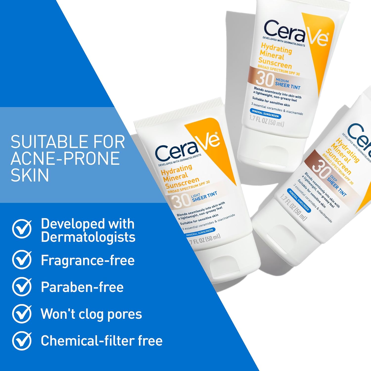 CeraVe Hydrating Mineral Sunscreen SPF 30 with Sheer Tint - For All Skin Types, 1.7 fl oz