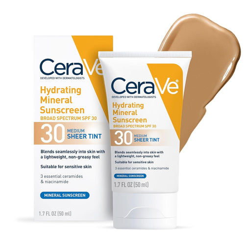 CeraVe Hydrating Mineral Sunscreen SPF 30 with Sheer Tint - For All Skin Types, 1.7 fl oz
