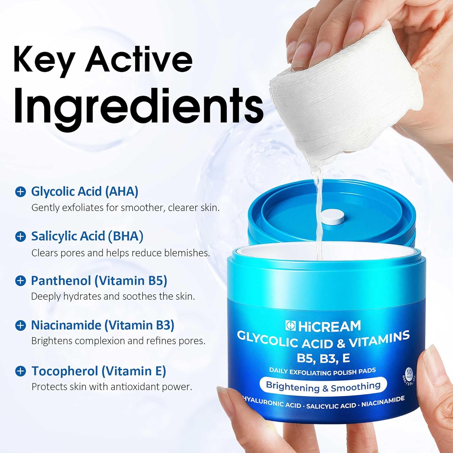 Hicream Glycolic Acid Pads - Dual-Textured Exfoliating Toner for Pore Care & Radiance (50 Count)