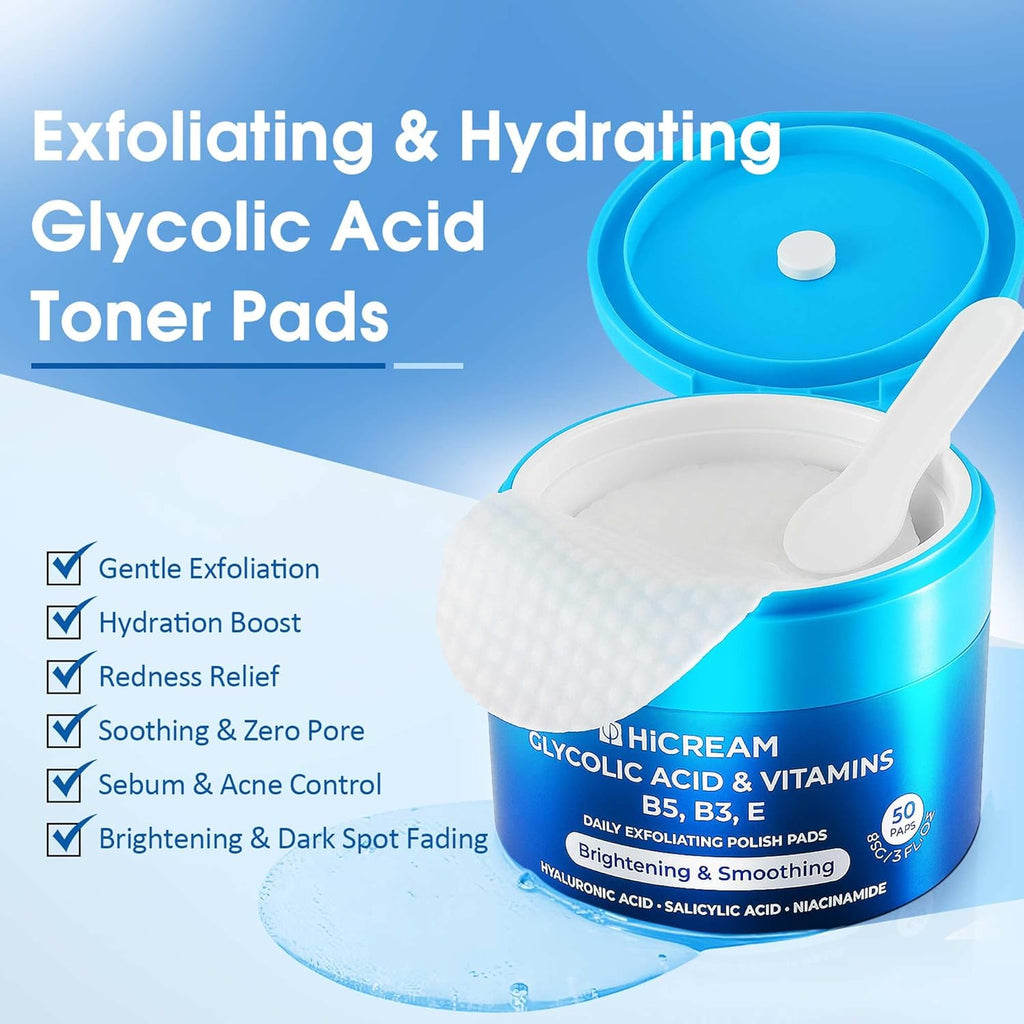 Hicream Glycolic Acid Pads - Dual-Textured Exfoliating Toner for Pore Care & Radiance (50 Count)