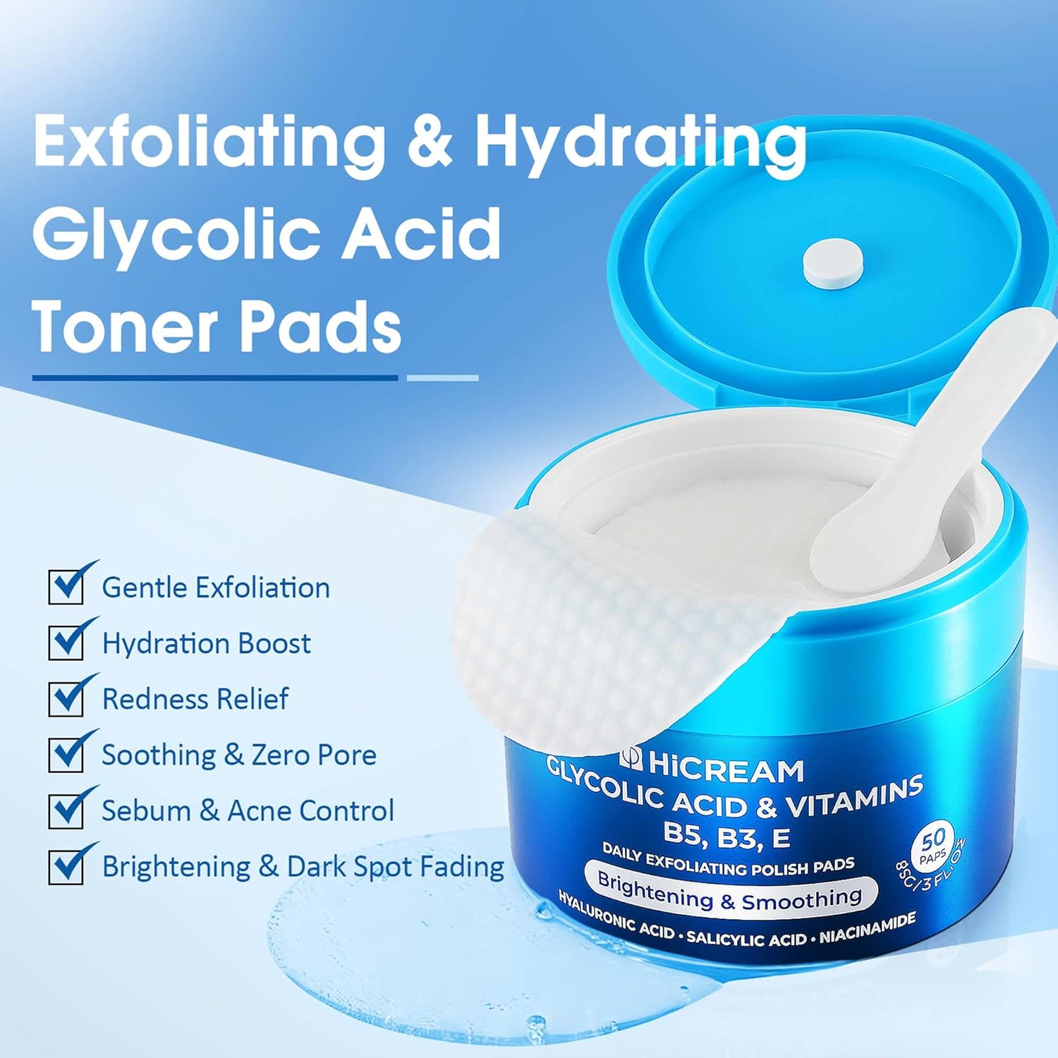 Hicream Glycolic Acid Pads - Dual-Textured Exfoliating Toner for Pore Care & Radiance (50 Count)