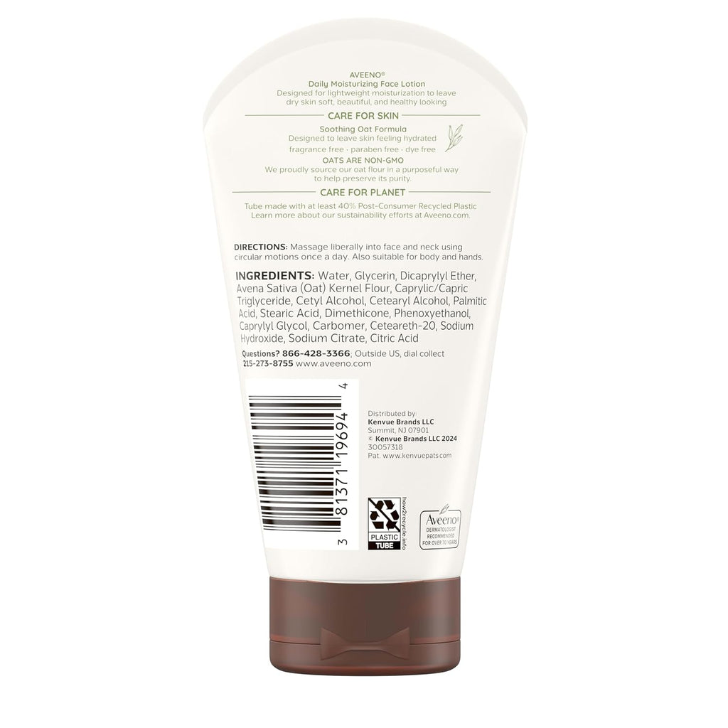 Aveeno Daily Moisturizing Face Lotion with Soothing Prebiotic Oat - For Dry & Sensitive Skin, Lightweight Fragrance-Free Cream, 5 Oz