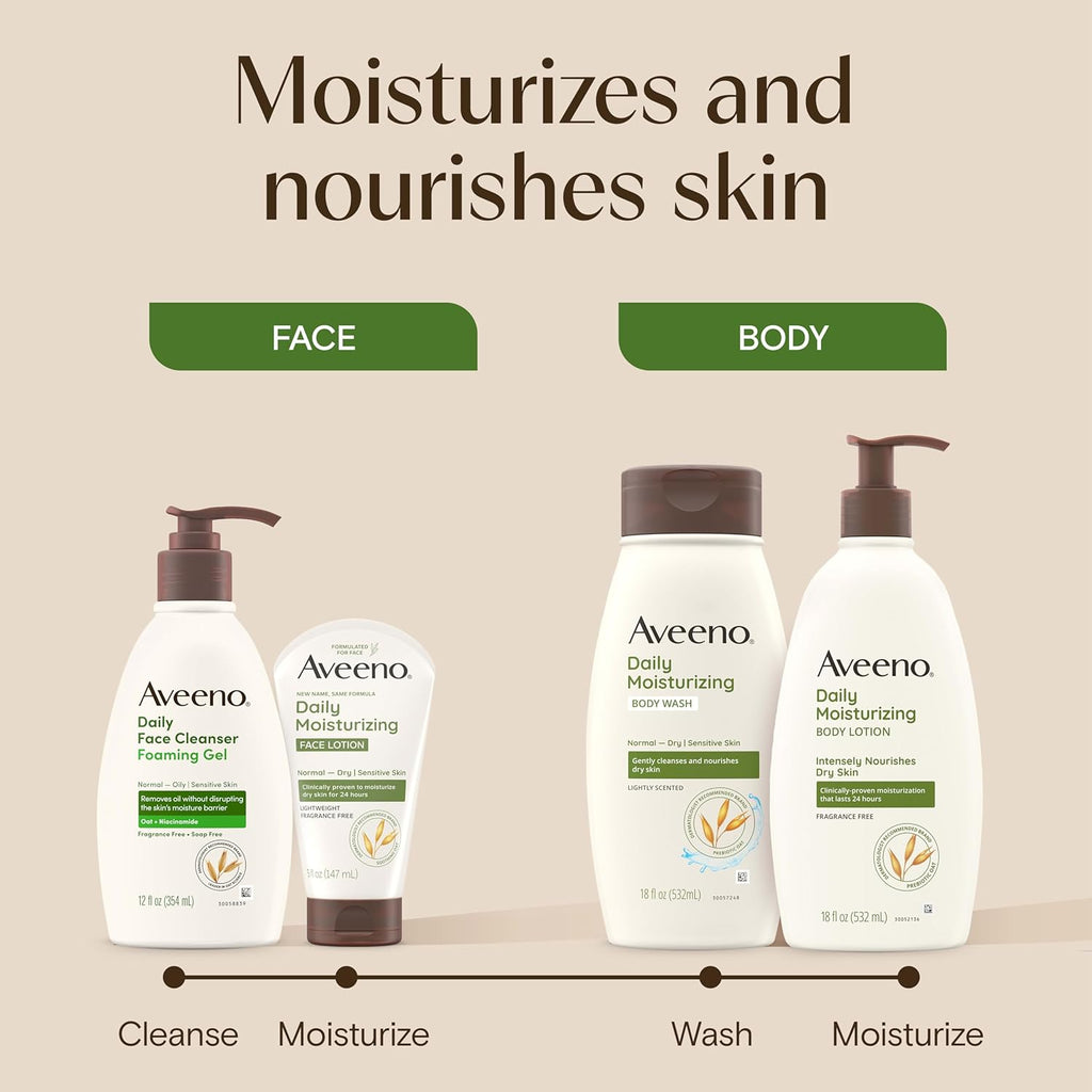 Aveeno Daily Moisturizing Face Lotion with Soothing Prebiotic Oat - For Dry & Sensitive Skin, Lightweight Fragrance-Free Cream, 5 Oz