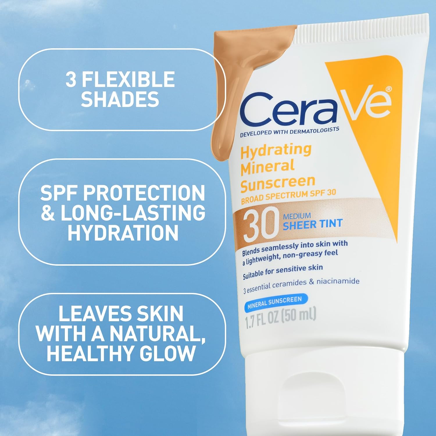 CeraVe Hydrating Mineral Sunscreen SPF 30 with Sheer Tint - For All Skin Types, 1.7 fl oz