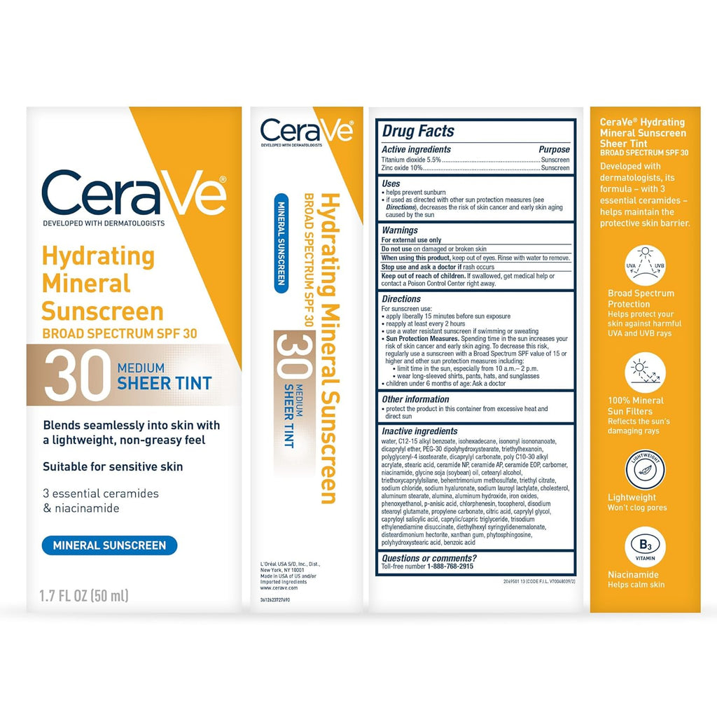 CeraVe Hydrating Mineral Sunscreen SPF 30 with Sheer Tint - For All Skin Types, 1.7 fl oz