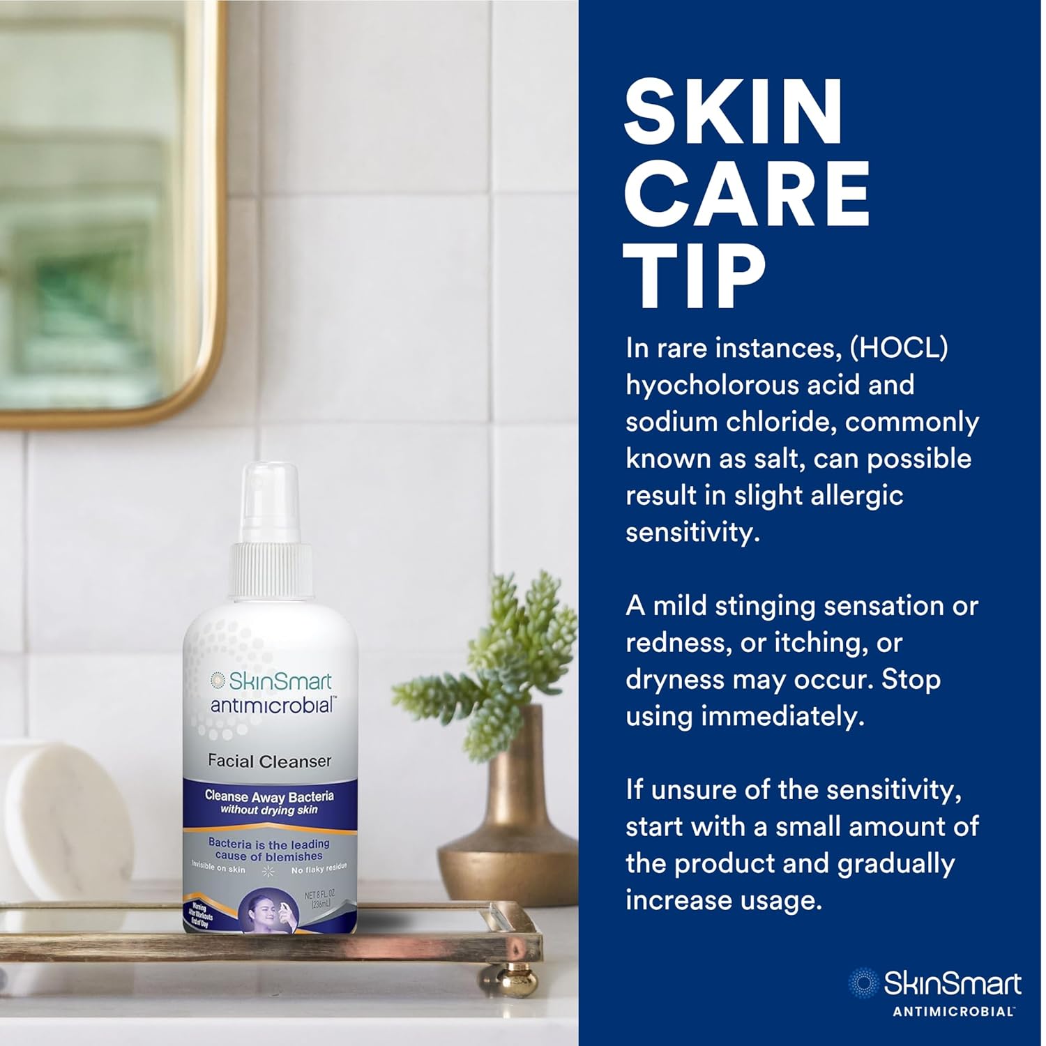 SkinSmart Antimicrobial Facial Cleanser for Breakouts - Hypochlorous Acid Spray, 8 oz
