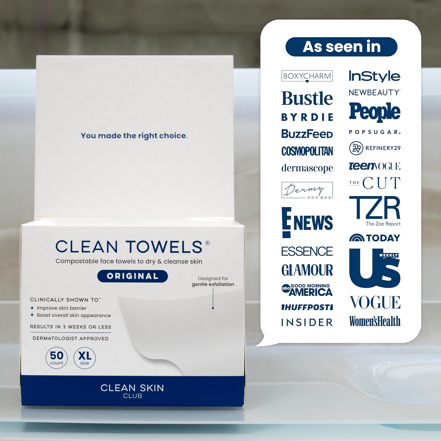 Clean Skin Club XL Biobased Disposable Face Towels (50 Count) for Sensitive Skin