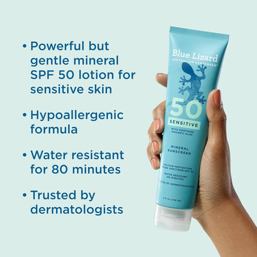 Blue Lizard Sensitive Mineral SPF 50 Sunscreen Lotion - 100% Mineral, 5 fl oz for Sensitive Skin