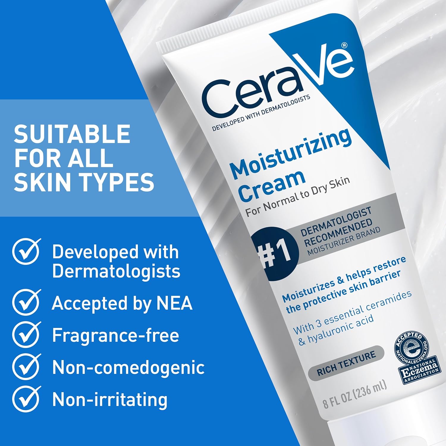 CeraVe Moisturizing Cream - 24-Hour Hydration for Dry Skin, Face & Body Cream with Ceramides & HA, 19 oz