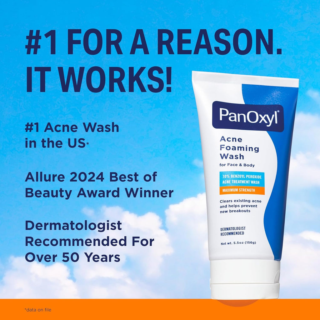 PanOxyl 10% Benzoyl Peroxide Acne Wash - Maximum Strength Daily Cleanser for Clear Skin