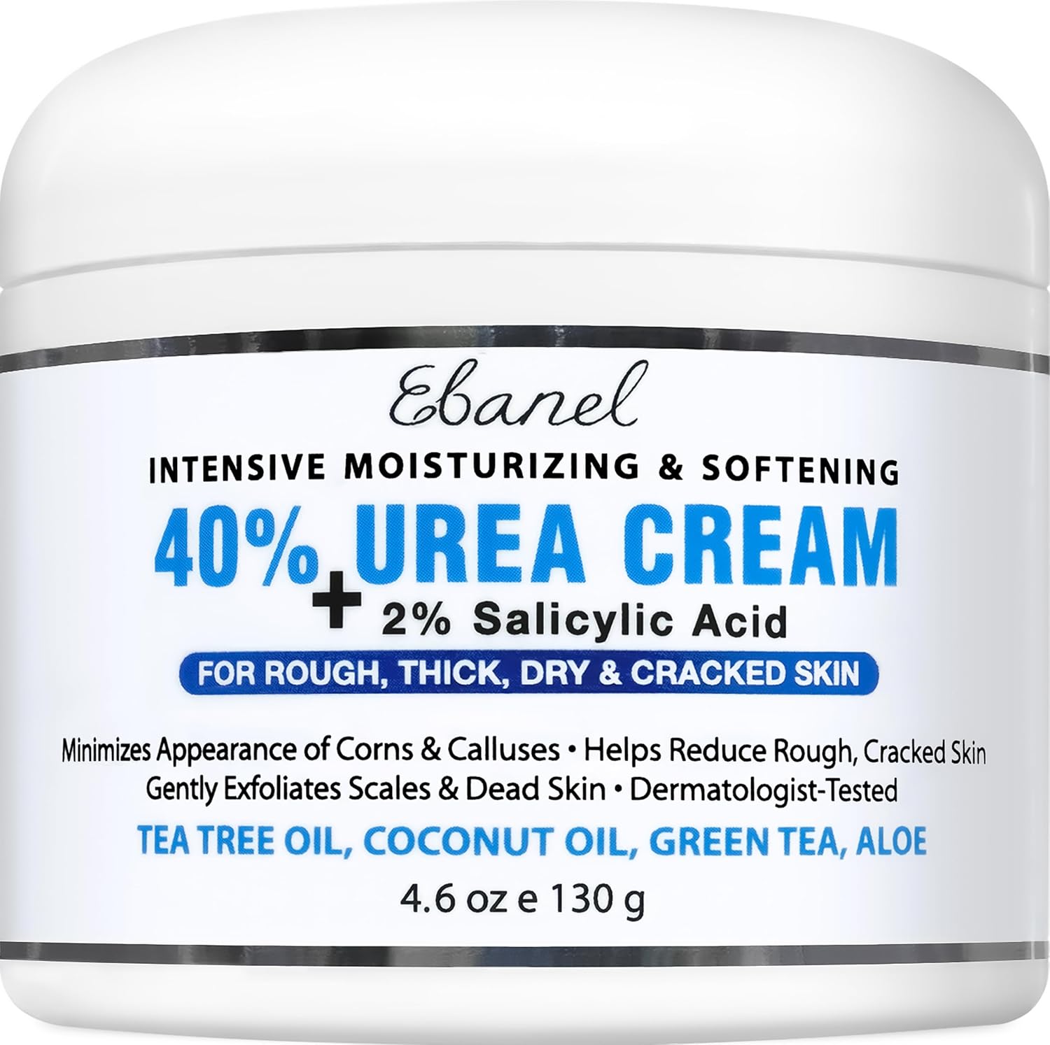 Ebanel 40% Urea Foot Cream with Salicylic Acid - For Dry Cracked Heels & Rough Skin, 4.6 oz Jar
