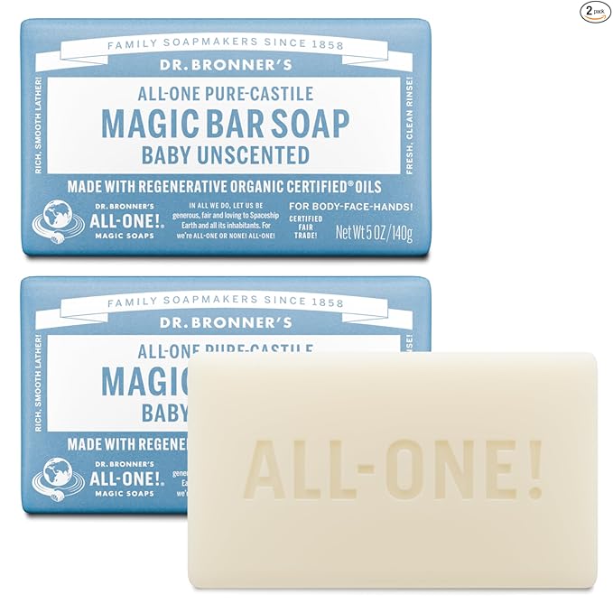 Dr. Bronner's Pure-Castile Baby Unscented Bar Soap - Gentle for Sensitive Skin, 2 Pack
