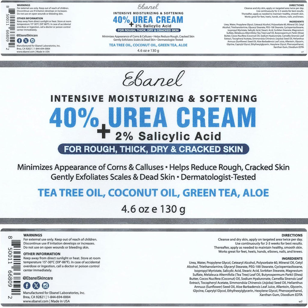 Ebanel 40% Urea Foot Cream with Salicylic Acid - For Dry Cracked Heels & Rough Skin, 4.6 oz Jar