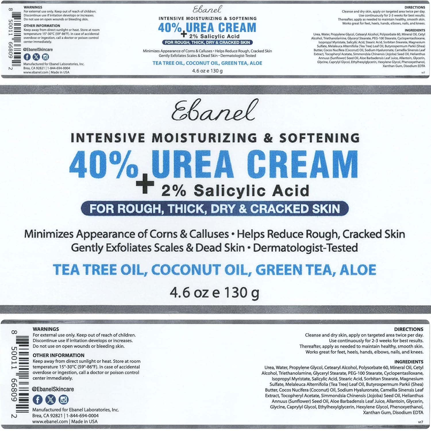 Ebanel 40% Urea Foot Cream with Salicylic Acid - For Dry Cracked Heels & Rough Skin, 4.6 oz Jar